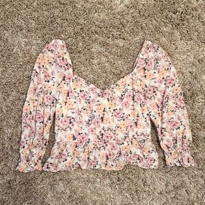 Francesca's Collections Floral Blouse in Pink and Cream with Tie Back